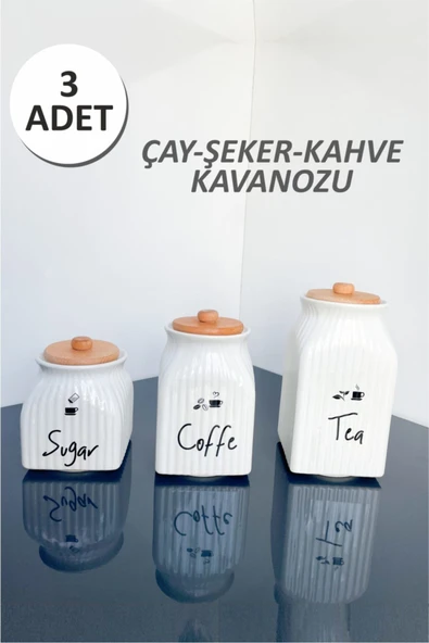 Sezka Life 3 Boy Porselen Bambu Kapaklı Çay Kahve Şeker Kavanozu Ve 3 Adet Suya Dayanıklı Şeffaf Etiket ürün görseli 1