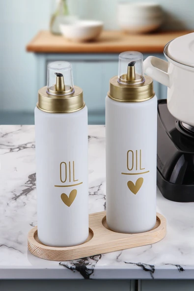 Sezka Life Damlatmaz Yağdanlık Takımı 2'li Cam Yağlık Sirkelik Seti ve Ahşap Altlığı 500ml Beyaz ürün görseli 1