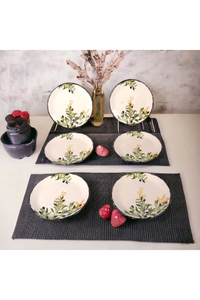 Akkoyunlu home Zeytin 6 Parça 6 Kişilik Lüx Seramik Pasta Servis Takımı Servis Tabağı Yuvarlak 20cm ürün görseli 1
