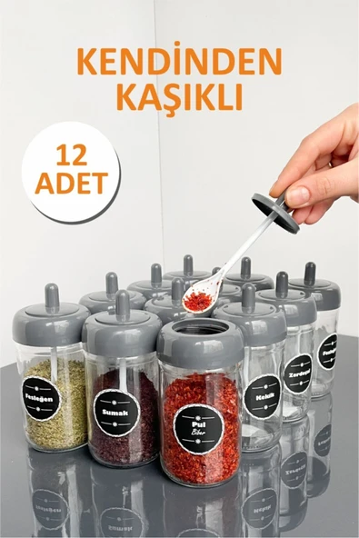 Sezka Life 12 Adet Kapağı Kendinden Kaşıklı Baharatlık Seti Ve 21 Adet Suya Dayanıklı Etiket-300ml ürün görseli 1