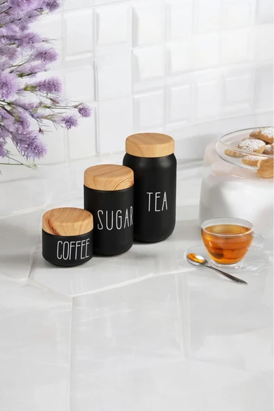 Sezka Life 3 Boy Çay Kahve Şeker Kavanozu Cam Kavanoz Seti Ahşap Görünümlü (Plastik) Kapak ürün görseli 1