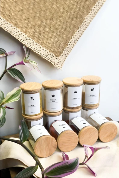 Sezka Life 12 Adet Bambu Kapaklı Borosilikat Baharatlık Kavanoz 32 Adet Suya Dayanıklı Etiket - 6x9 - 200ml ürün görseli 1