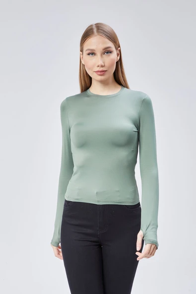 Basic Bisiklet Yaka Uzun Kollu Slim Fit Kadın Body T-shirt ürün görseli 1