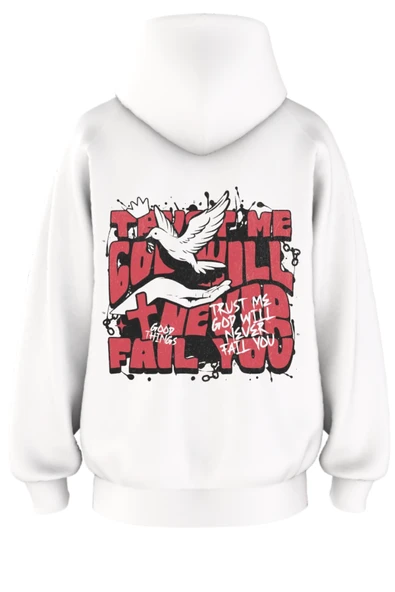 Oversize 'Trust Me God' Baskılı Kapşonlu Hoodie Sweatshirt ürün görseli 1