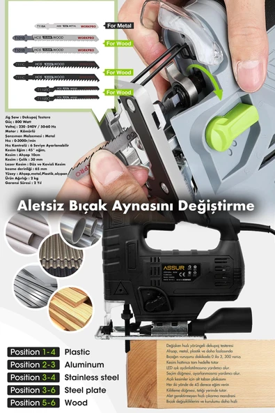 Assur 800 W Devir Ayarlı Dekupaj Testere Makinası - Resim 3