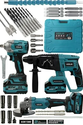 Assur 21V Çift Akü Kırıcı Delici Hilti 2-26mm + Somun Sıkma Sökme + Taşlama 3'lü Set ürün görseli 1
