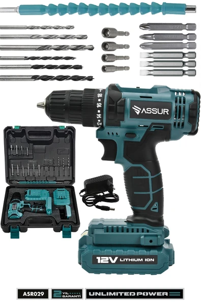 Assur 12V Çift Akülü Metal Şanzıman Bakır Sargı Şarjlı Matkap Akülü Vidalama ürün görseli 1