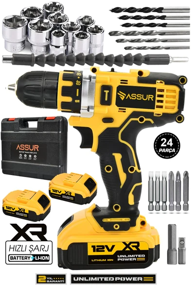 Assur 12V Çift Akü Metal Şanzıman Şarjlı Matkap Akülü Vidalama ürün görseli 1