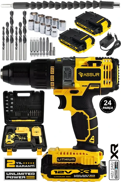 Assur 12V Çift Akülü Metal Şanzıman Şarjlı Darbeli Matkap Akülü Vidalama ürün görseli 1