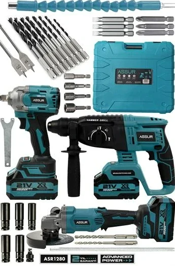 Assur Profesyonel 21V Çift Akü Kırıcı Delici Hilti 2-26mm + Somun Sıkma Sökme + Taşlama 3'lü Set ürün görseli 1