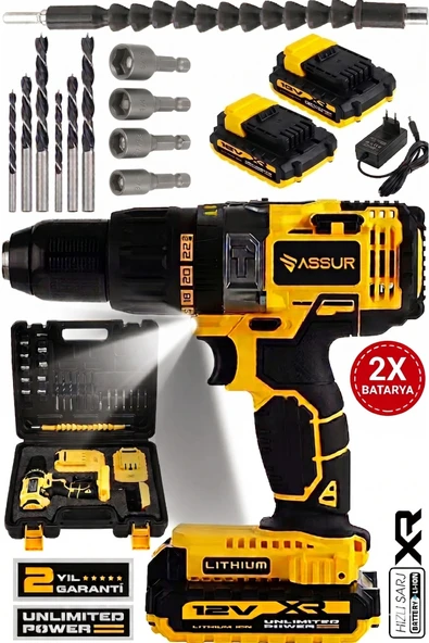 Assur 12V Çift Akülü Metal Şanzıman Akülü Vidalama Şarjlı Matkap ürün görseli 1