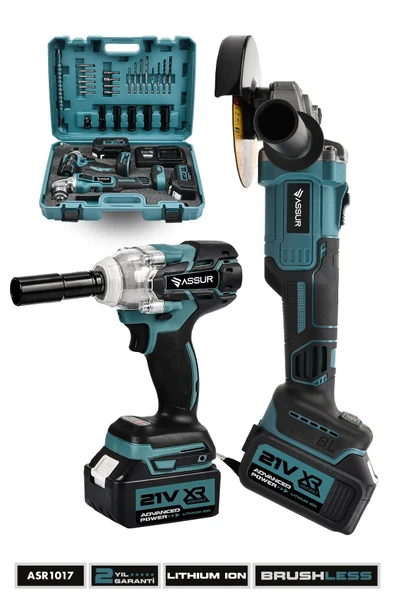 Assur Profesyonel 21V Çift Akülü Kömürsüz Darbeli 450 Nm Somun Sıkma Sökme + 125 Mm Taşlama 2'li Set ürün görseli 1