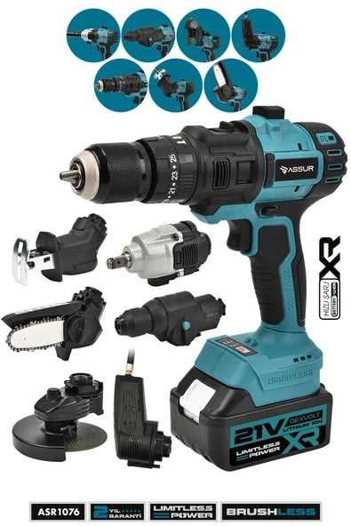 Assur Profesyonel 7 Başlıklı Set 21V Vidalama Taşlama Somun Sıkma Tilki Kuyruğu Budama Hava Pompası Hilti ürün görseli 1