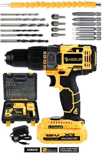 Assur 12V 1.5Ah Metal Şanzıman Çift Akülü Bakır Sargı 24 Parça Şarjlı Matkap Akülü Vidalama ürün görseli 1