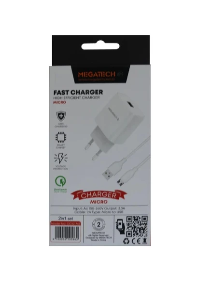 Megatech CC01 (CC22-M3 ) 2in1 5v-3.0 Ev Şarj+ Micro Kablo Hızlı Şarj ürün görseli 1