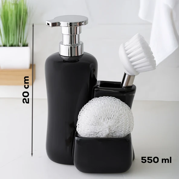 Porsima 268669 Tezgah Üstü Siyah Sıvı Sabunluk Fırçalı Süngerlikli Sabunluk (550ml) 20cm ürün görseli 1
