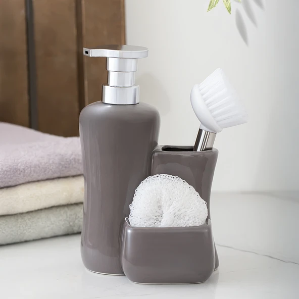 Porsima 277746 Tezgah Üstü Gri Sıvı Sabunluk Fırçalı Süngerlikli Sabunluk (550ml) 20cm ürün görseli 1