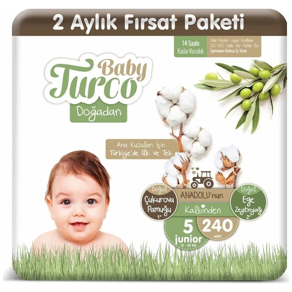 Baby Turco Bebek Bebek Bezi 2 Aylık Paket 5 Numara 12-25 kg 240 Adet ürün görseli 1