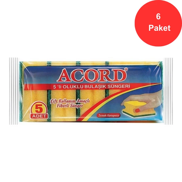 Acord 5 li Oluklu Bulaşık Süngeri 6 Paket ürün görseli 1