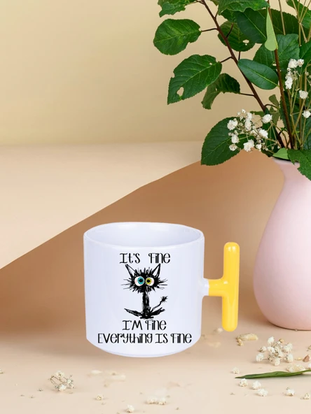 DeepCraft İyiyim Her Şey Yolunda Kedi T Kulplu Kupa Yılbaşı,Sevgililer Günü, Hediyelik Kupa 185ML ürün görseli 1