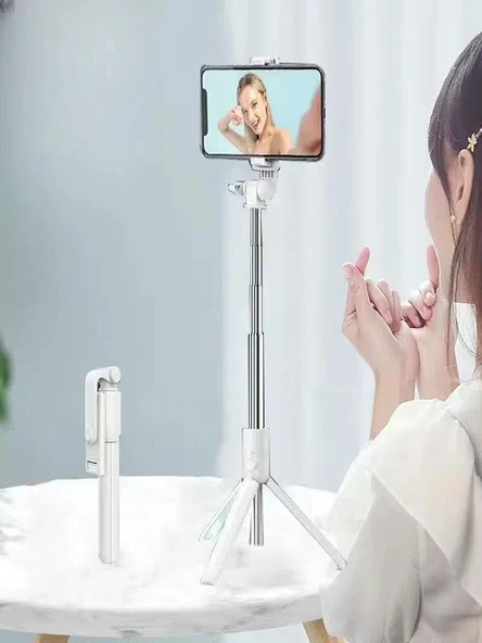 2in1 Masaüstü Kumandalı Tripod ve Taşınbilir Selfie Çubuğu 70cm Ios ve Android Uyumlu Beyaz ürün görseli 1