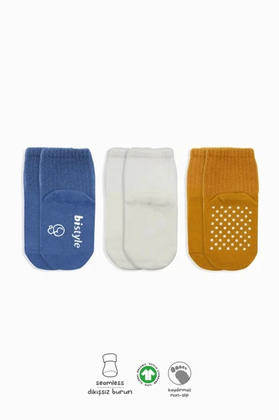 Nessiworld Bistyle Basic Kaymaz Penye Soket Çorap 3'Lü BS10107 İndigo Ekru Hardal ürün görseli 1