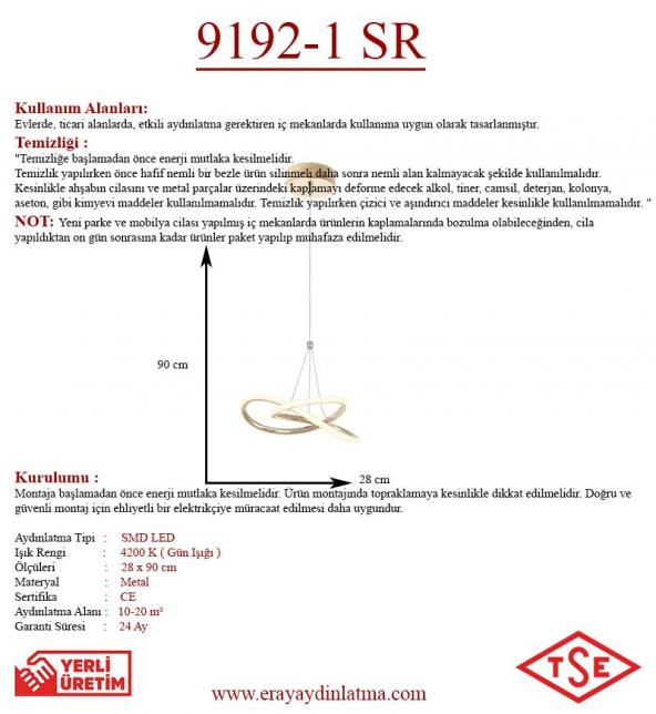 Eray Aydınlatma 9192-1 Sarı Tekli Led Avize - Resim 3