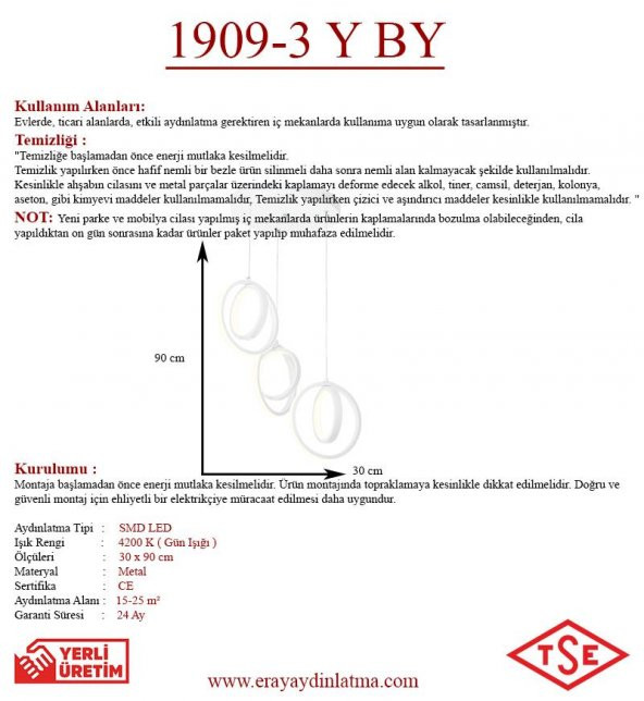 Eray Aydınlatma 1909-3 Beyaz 3 lü Led Avize - Resim 3