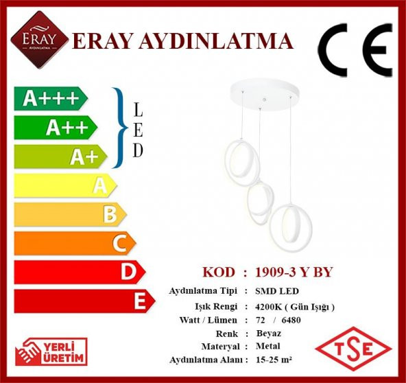 Eray Aydınlatma 1909-3 Beyaz 3 lü Led Avize - Resim 4