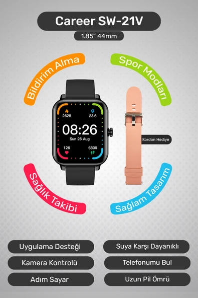 SWORD Career Akıllı Saat Bildirim,Kalp Atış,Uyku Takibi,Spor,Sağlık, iOS&Android Uyumlu 44mm IP67 Uzun Pil Ömrü Türkçe M ürün görseli 1