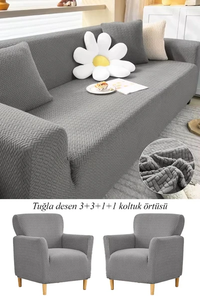 Upmall Jakarlı Tuğla Desen 3311 Koltuk Örtüsü Çekyat Kanepe Kılıfı Lastikli Kayma Yapmayan ürün görseli 1