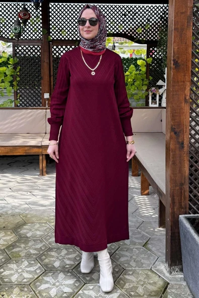 Yağmur Triko Elbise Bordo - Resim 7