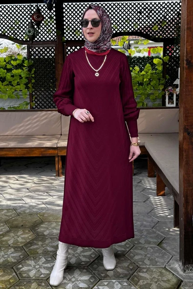 Yağmur Triko Elbise Bordo - Resim 5