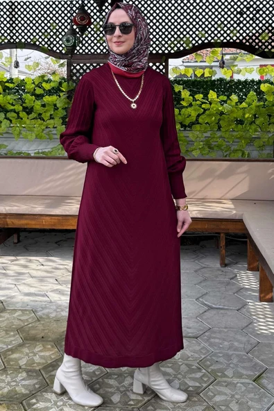Yağmur Triko Elbise Bordo - Resim 2