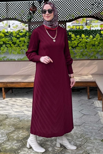 Yağmur Triko Elbise Bordo - Resim 4