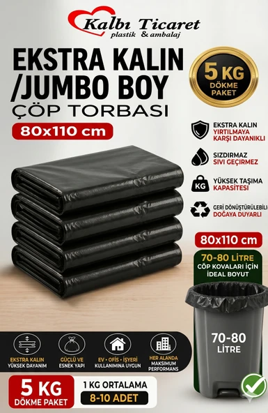 Ekstra Kalın Çöp Torbası 80x110 Cm Siyah Çöp Poşeti 5 Kg Dökme Dayanıklı Poşet ürün görseli 1