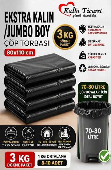 Ekstra Kalın Çöp Torbası 80x110 Cm Siyah Çöp Poşeti 3 Kg Dökme Dayanıklı Poşet ürün görseli 1