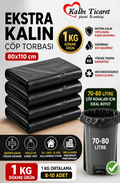 Ekstra Kalın Çöp Torbası 80x110 Cm Siyah Çöp Poşeti 1 Kg Dökme Dayanıklı Poşet ürün görseli 1