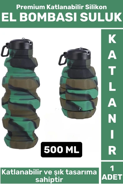 Premium Portatif BPA Free Şık Kamp Spor Seyahat Silikon Katlanabilir EL BOMBASI SULUK 500 ML ürün görseli 1