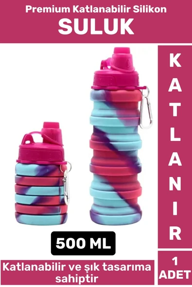 Premium Portatif BPA Free Şık Kamp Spor Seyahat Silikon Katlanabilir SULUK 500 ML ürün görseli 1