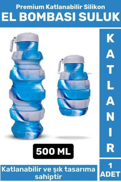 Premium Portatif BPA Free Şık Kamp Spor Seyahat Silikon Katlanabilir EL BOMBASI SULUK 500 ML ürün görseli 1