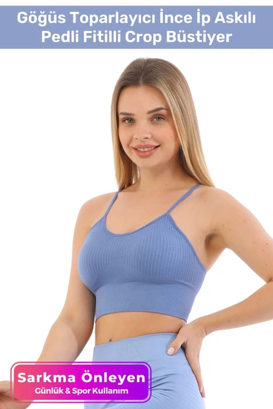 Özel Üretim Göğüs Toparlayıcı Sarkma Önleyen Spor Günlük İnce İp Askılı Pedli Fitilli Crop Büstiyer ürün görseli 1