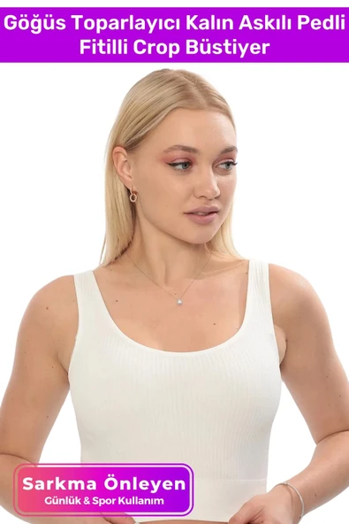 Özel Üretim Göğüs Toparlayıcı Sarkma Önleyen Spor Günlük Kalın Askılı Pedli Fitilli Crop Büstiyer ürün görseli 1