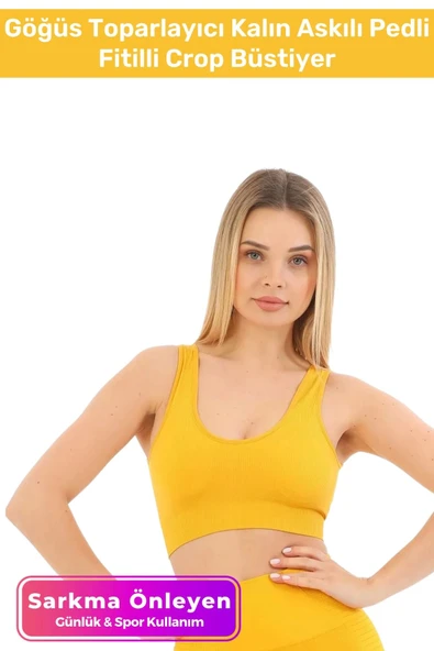 Özel Üretim Göğüs Toparlayıcı Sarkma Önleyen Spor Günlük Kalın Askılı Pedli Fitilli Crop Büstiyer ürün görseli 1