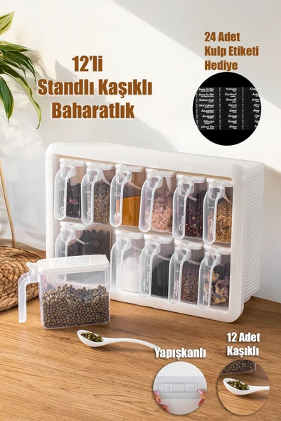 Porsima Random 12'li Standlı,Yapışkanlı,Kaşıklı Kapaklı Baharatlık Saklama Kabı Seti-Beyaz ürün görseli 1