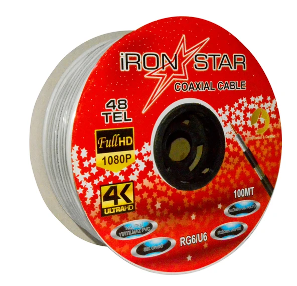 İRONSTAR 4801 RG6U4 48 TEL 100 METRE ANTEN KABLOSU 100MT SİYAH-YEŞİL ürün görseli 1