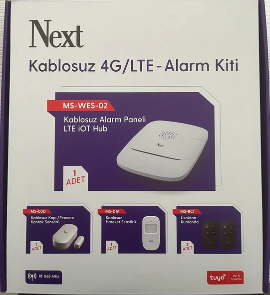NEXT MS-WES-02 KABLOSUZ 4G/LTE ALARM KİTİ (ALARM PANELİ+KONTAK SENSÖRÜ+HAREKET SENSÖRÜ+2 ADET UZAKTAN KUMANDA) ürün görseli 1