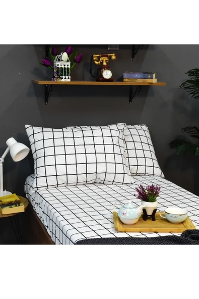 Ranfors Pamuklu Siyah Beyaz Kareli Battal Boy Kumaş Lastikli Çarşaf 180x200 ürün görseli 1