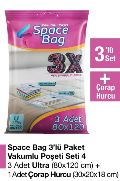 Space Bag  3 Adet 80x120 Vakumlu Poşet Seti + 1 Adet Çorap Hurcu ürün görseli 1