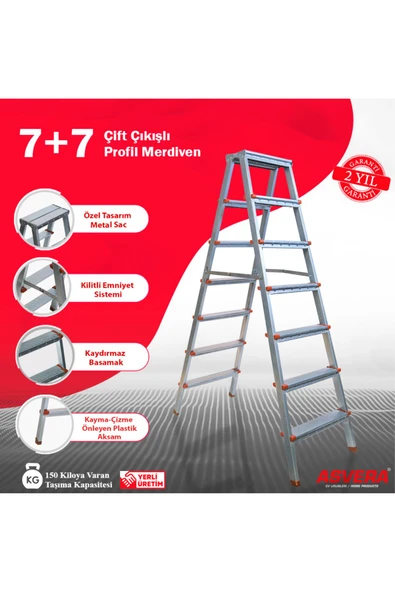 ASVERA  Elmas Serisi - 7 7 Basamaklı Çift Çıkışlı Galvanizli Profil Merdiven (EV, BAHÇE, IŞYERİ IÇİN UYGUN) ürün görseli 1